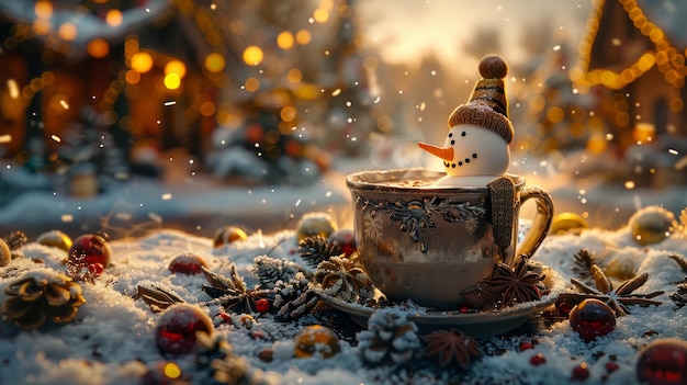 Confortante taza de cacao caliente con un encantador malvavisco hombre de nieve derretimiento epítome de la alegría del invierno de los años 39 AI generativo