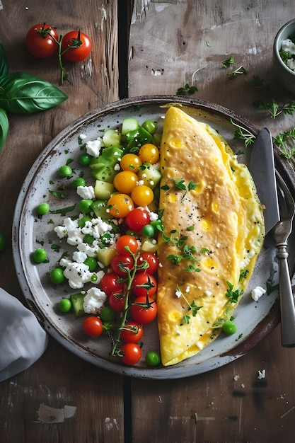 Conforto da cozinha de campo Delícia numa omelete de quinta cheia de sabores de primavera