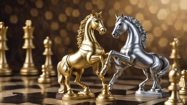 La confrontación entre caballos de oro y plata pieza de ajedrez caballero de pie juntos en el hexágono p