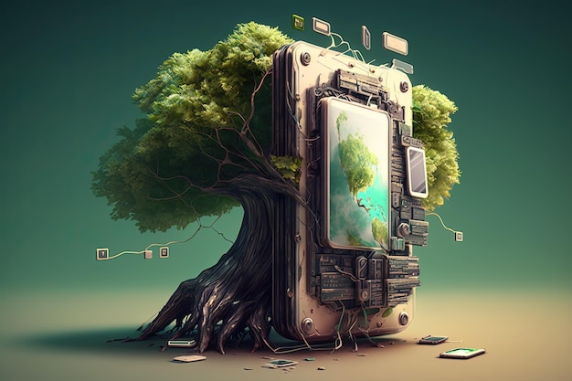 Confronto entre as forças da natureza e tecnologia Ciência árvore ecologia 8k arte scifi ilustração detalhada de alta resolução segurança futurista Conceito de tecnologia AI