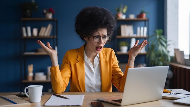 Foto confundida, conmocionada e indignada, la empleada se encoge de hombros en frustración y mira la computadora portátil.