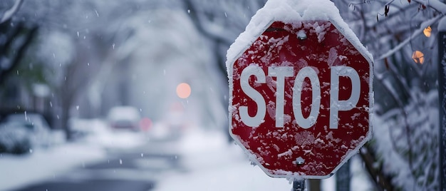 Congelado en el tiempo Una señal de parada cubierta de nieve a las 0 AM