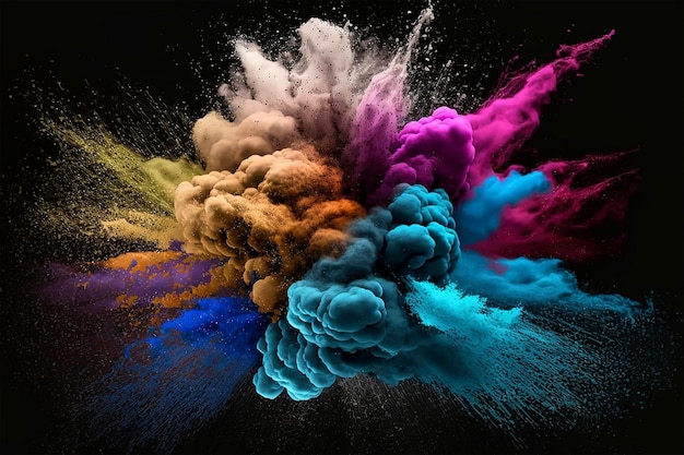Congele o movimento do pó colorido explodindo. Explosão de resumo em pó colorido. IA generativa