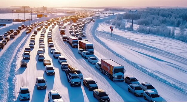 Foto congestión de carreteras nevadas con coches de ia generativa