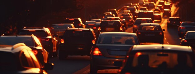 Congestión del tráfico al atardecer en la carretera urbana