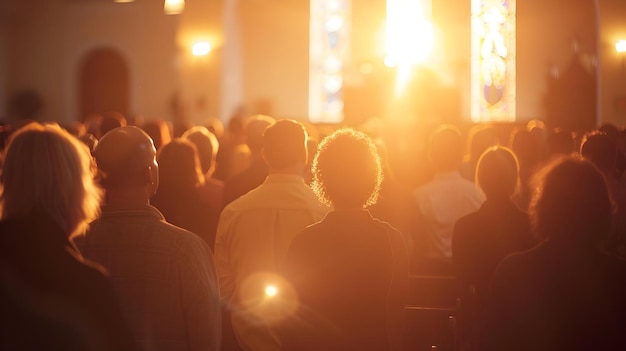 Foto congregação da igreja reunida ao nascer do sol para a páscoa com canções e luz que personifica esperança e espírito comunitário