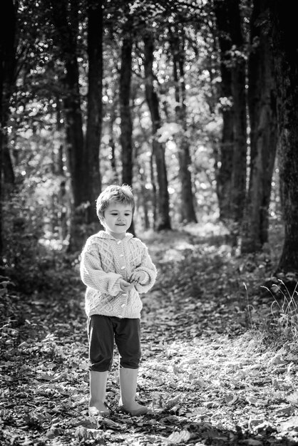 Conheça a temporada de outono. A escola da floresta é um modelo de entrega de educação ao ar livre em que os alunos visitam espaços naturais. Menino em botas de borracha andando na floresta. Conceito de turista bonito. Criança andando na floresta de outono