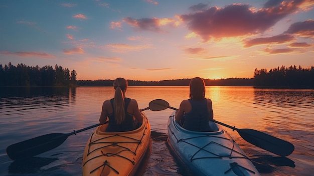 Conhecendo o pôr do sol em caiaques Vista traseira de um jovem casal andando de caiaque no lago junto com su Generative AI