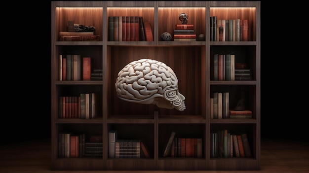 Conhecimento intenso Um cérebro em uma estante em um fundo de biblioteca conceitual