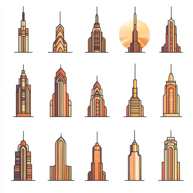 Conjunto de 15 iconos de rascacielos en estilo de diseño plano