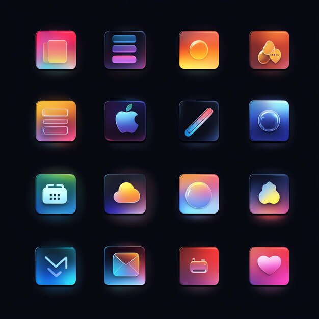 Conjunto de 16 iconos de aplicaciones coloridas con un efecto de neón