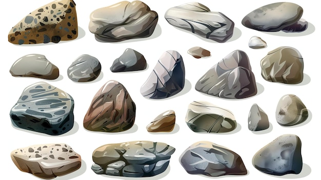 Un conjunto de 18 rocas y piedras vectoriales realistas de varios tamaños y colores