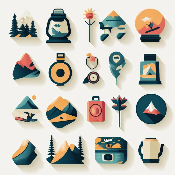 Foto conjunto de 20 iconos planos que representan varias actividades y elementos de aventura de montaña de invierno
