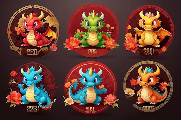 Conjunto de 3 diseños de dragones de personajes de dibujos animados para el año nuevo chino 2024 año del dragón