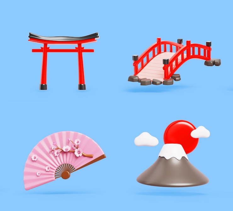 Foto conjunto 3d de ícones japoneses ponte vermelha torii portão ventilador de mão rosa com ramo de sakura montanha fuji com sol e nuvens desenho animado render arquitetura tradicional elementos de design isolados