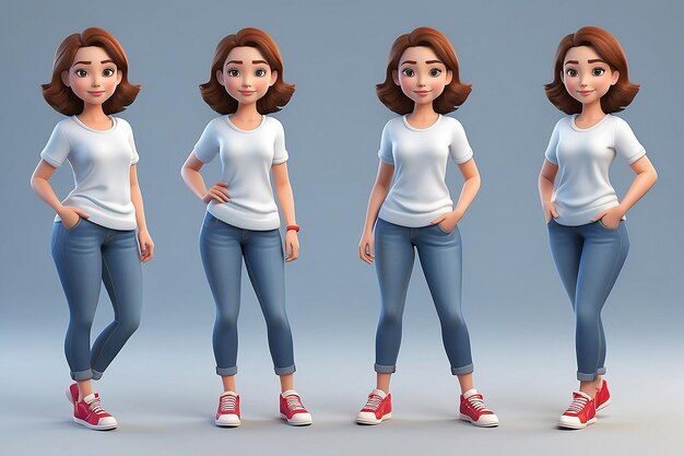 Foto conjunto 3d de uma mulher em roupas casuais em diferentes poses ilustração em um estilo de desenho animado 3d