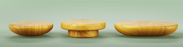 Conjunto 3d de exhibición de podio de madera para la presentación de productos cosméticos de belleza bandeja de madera vacía aislada redonda y ovalada para sushi comida asiática maqueta de pedestal de plataforma de mesa natural
