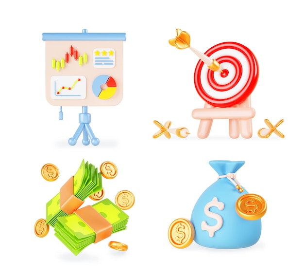 Conjunto 3D de iconos de negocios y finanzas Flipchart aislado con gráficos y diagramas objetivo con flecha papel bolsa de dinero en efectivo con monedas de dólar estrategia de trabajo logro de objetivos éxito