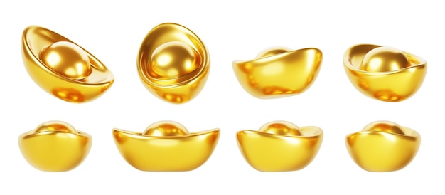 Conjunto 3d de lingotes de oro chinos yuan bao en diferentes ángulos nugget de metal dorado asiático sycee cny moneda dinero en efectivo aislado icono de representación símbolo de riqueza para el diseño del año nuevo oriental