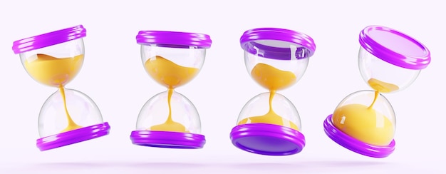 Conjunto 3d de reloj de arena de vidrio icono de renderización de tiempo reloj vintage horas de cuenta atrás para esperar o cargar temporizador de historia elementos de diseño aislados para negocios redes sociales o juegos