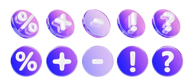Conjunto 3d de vidrio holográfico de gradiente círculo insignia con signo de porcentaje signo de pregunta punto de exclamación más y menos símbolo aislado icono de renderización para aplicación ui diseño vista lateral delantera