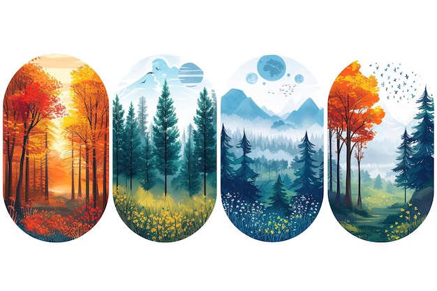 Conjunto de 4 círculos que muestran los diferentes paisajes y estaciones ilustración de bloques de color plano colorido narración impresiones de la naturaleza