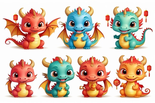 Conjunto de 5 pequeños dragones bonitos diseño de personajes de dibujos animados para el año nuevo chino 2024