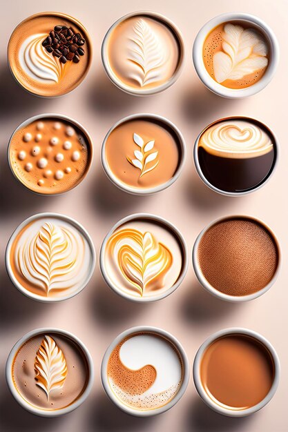 Conjunto de 6 vistas superiores del arte de espuma de capuchino con leche de café caliente aislado sobre fondo blanco