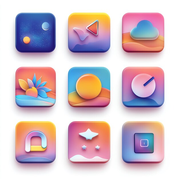 Conjunto de 9 iconos de aplicaciones de gradiente coloridos con varias formas