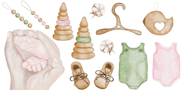 Un conjunto de accesorios y juguetes para un recién nacido en un estilo vintage acuarela dibujos boho de niños