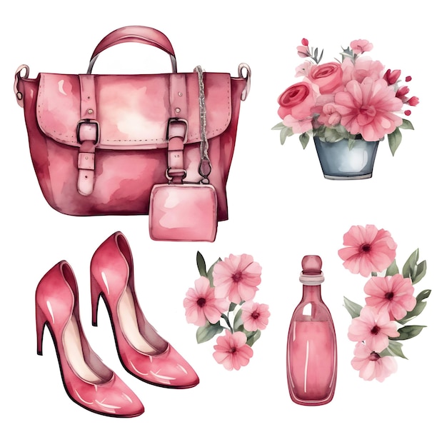 Conjunto de accesorios rosados para mujeres con perfume acuarela pintada a mano ilustración aislada