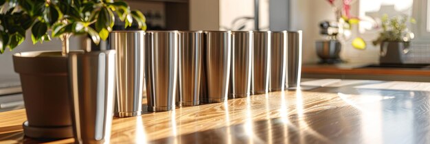 Conjunto de acero inoxidable en una mesa de madera con reflejo de la luz solar Conjunto en acero inoxidáble