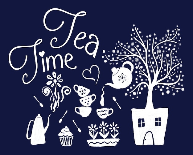 Un conjunto acogedor de vajilla, flores, plantas, utensilios de cocina y una cita de Tea Time en fondo azul