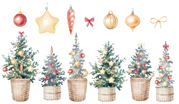 Conjunto de acuarela árbol de Navidad decorado bolas luces carámbanos. Colección de cestas de mimbre de árbol de año nuevo