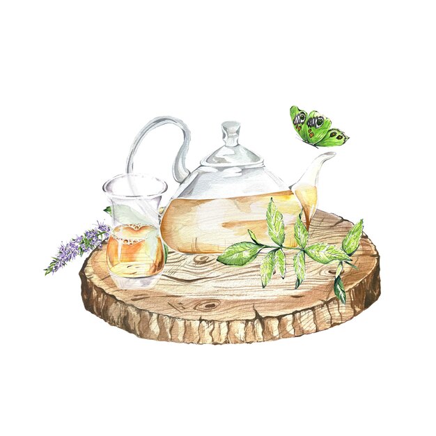 Un conjunto de acuarela en el bosquejo menta brillante con hojas y flores Juego de té para el diseño de postales