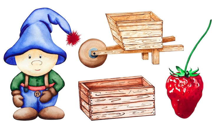 Foto conjunto de acuarela de caja de carro de gnomo y dibujo de acuarela dibujado a mano de victoria de fresas y niño