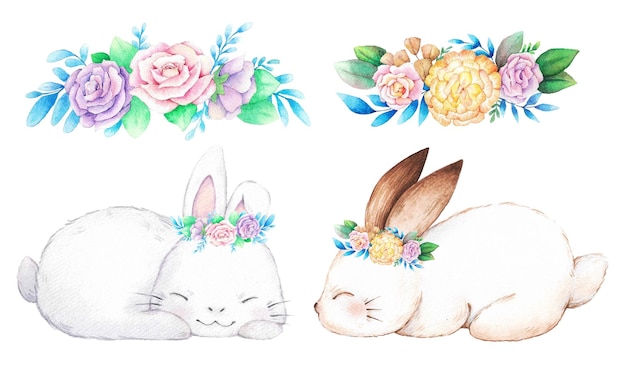 Conjunto de acuarela de conejos de Pascua Ilustraciones de acuarela dibujadas a mano