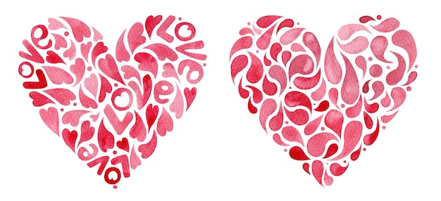Conjunto de acuarela de corazones rojos hechos de corazones pequeños Corazones dibujados a mano Lacy Decoración del día de San Valentín
