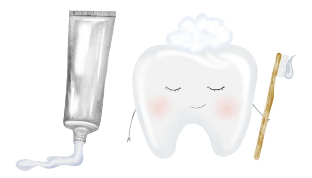 El conjunto de acuarela para dientes limpia el diente y la pasta de dientes con el molar de bebé de dibujos animados aislado en blanco