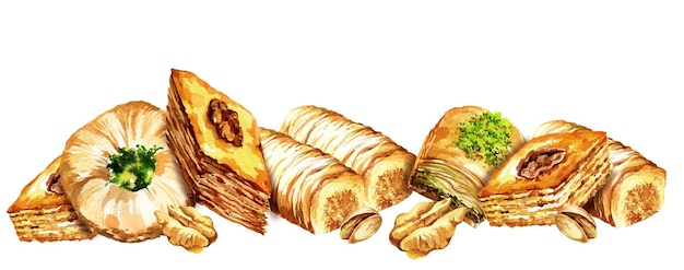 Conjunto de acuarela dulces orientales ilustración de dulces turcos tradicionales baklava con miel