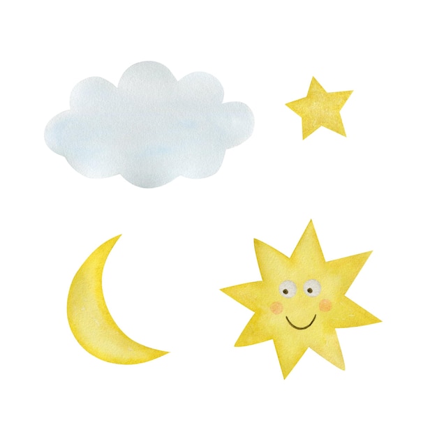 Foto conjunto, de, acuarela, ilustraciones, nube, luna, estrella, sol