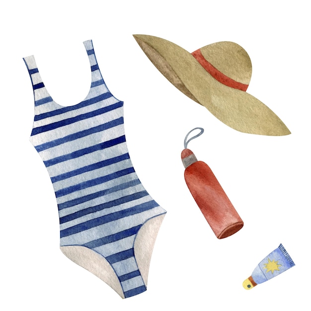 Conjunto de acuarela de ilustraciones de playa Traje de baño sombrero para el sol botella de agua crema solar