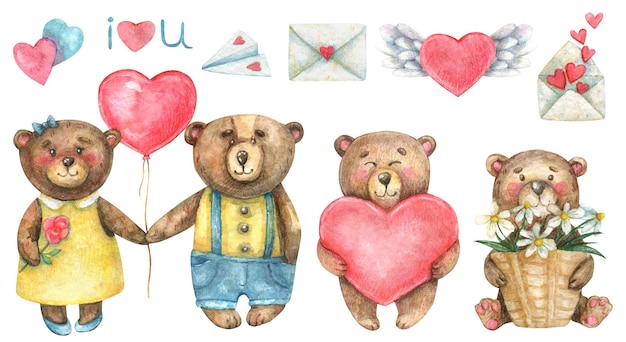 Conjunto de acuarela de lindos osos enamorados con un globo de corazón y un ramo de flores Día de San Valentín