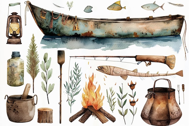 Conjunto de acuarela para pescar, icono de campamento y barco Ilustración vectorial de pintura al óleo de pesca vintage