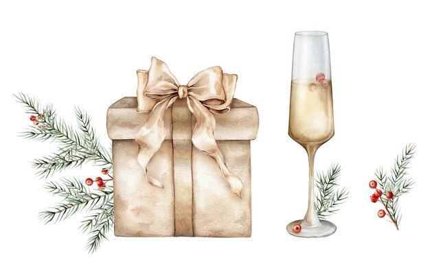 Conjunto de acuarela de ramas de árbol de Navidad y bayas rojas de ilex Gatas pintadas a mano de vino blanco o champán y cajas de regalo beige de Año Nuevo con arcos dorados ilustración en fondo aislado