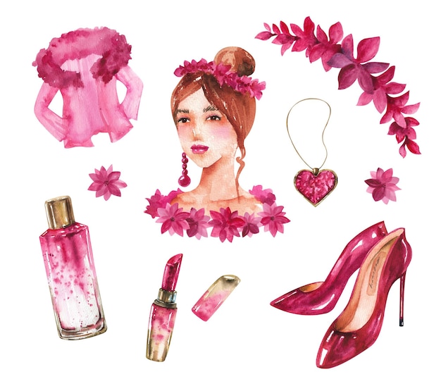 Conjunto de acuarela Viva magenta Joyas y cosméticos para mujeres sobre un fondo blanco