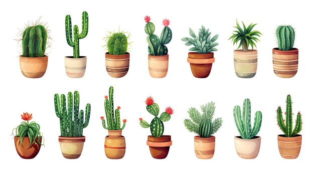 Foto un conjunto de acuarelas de cactus y suculentas en macetas, cada una detallada y vibrante, diseñada para su uso en pegatinas y diseños de tarjetas de felicitación aisladas sobre un fondo blanco