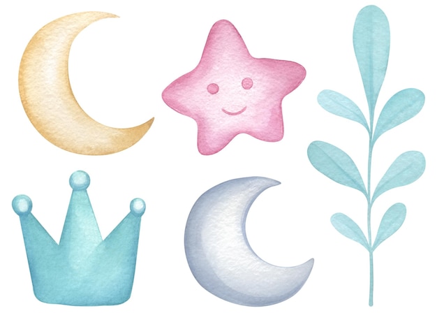 Conjunto de acuarelas de elementos lindos para la decoración infantil aislados Moonstartwig y corona Elementos pastel para ilustraciones infantiles Estilo de dibujos animados