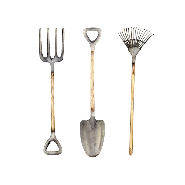 Conjunto de acuarelas para herramientas manuales de jardinería