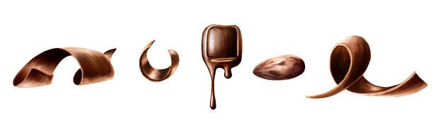 Conjunto de acuarelas de rebanadas rizadas de chocolate, barra de chocolate derretida y granos de cacao dibujados a mano enrollados